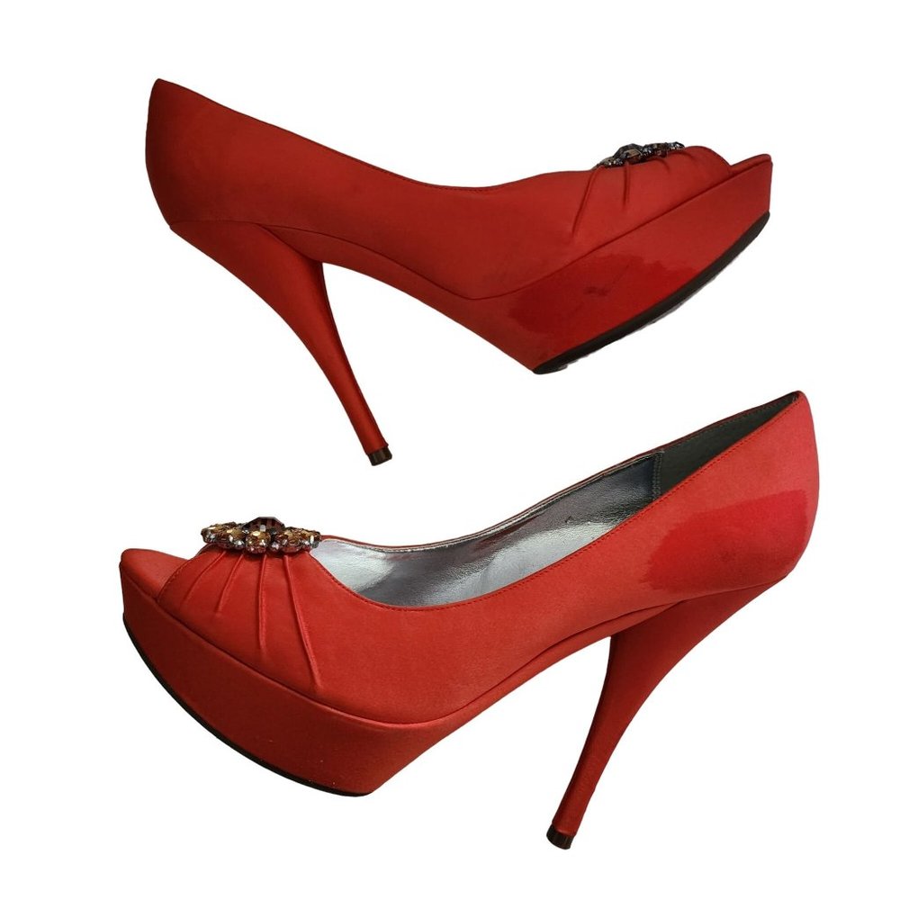 NINA NEW YORK HEELS ORANGE STILLETTO DIAMOND BROOUSH SHOES SIZE 7.5M SATIN